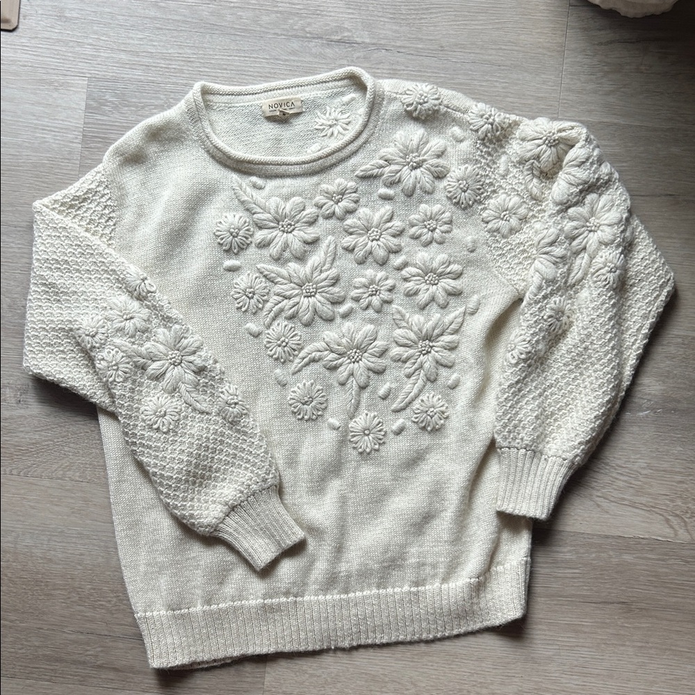 Hand Embroidered Ivory Baby Alpaca Pullover Sweater, "Elegant Blossoms"